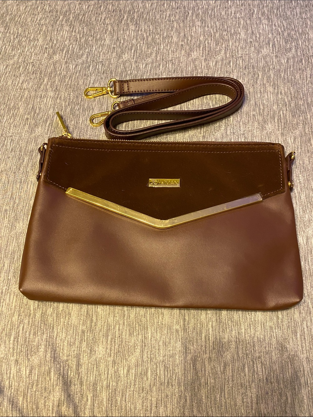 Joy & Iman Leather Purse Brown & Gold w/ Detachable Strap NWOT